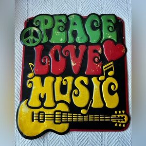 Peace Love and Music Guitar Metal Sign